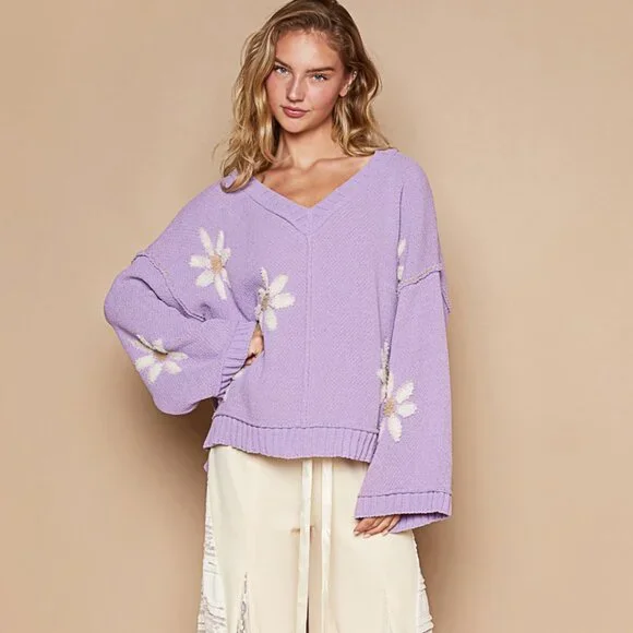 Just In! Pol Lilac Sweater with Cream Flowers NWT Sz S-L - Picture 1 of 6